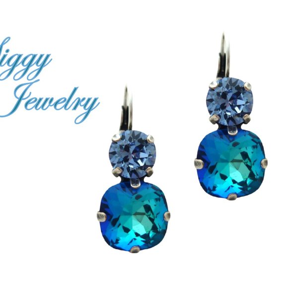 Bermuda Blue and Light Sapphire Double Drop Crystal Earrings 12mm and 8mm - Picture 1 of 5